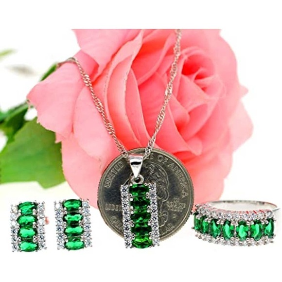 Emerald Crystal Necklace Earring Ring Set Cubic Rhinestone Necklace Ring Earring - Picture 6 of 8